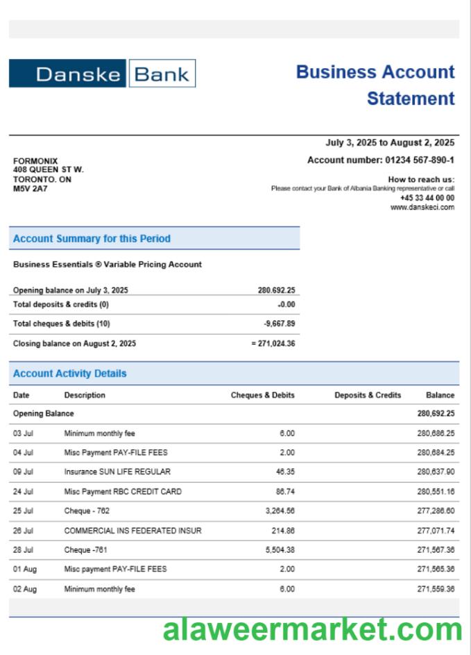 Danskebank business organization checking  statement Word and PDF format